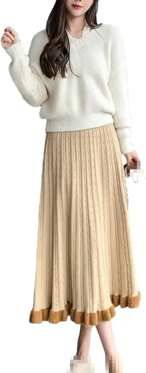 Knit Long Midi Pleated Skirt Women Winter Warm Fashion High Waist A Line Skirt