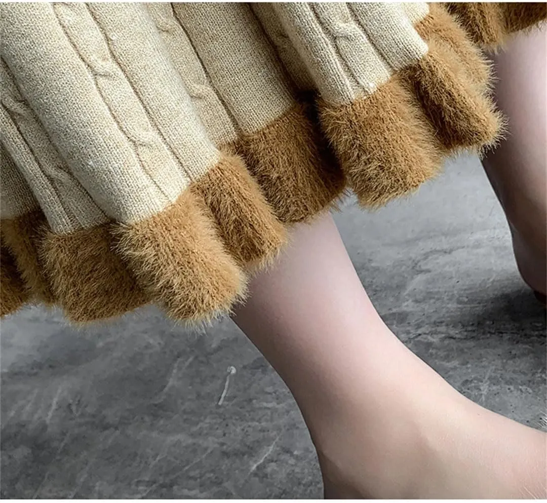 Knit Long Midi Pleated Skirt Women Winter Warm Fashion High Waist A Line Skirt