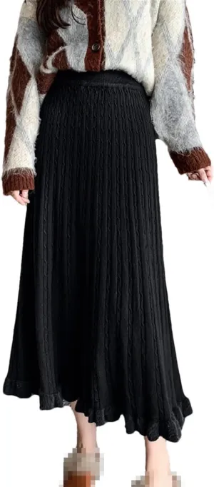 Knit Long Midi Pleated Skirt Women Winter Warm Fashion High Waist A Line Skirt