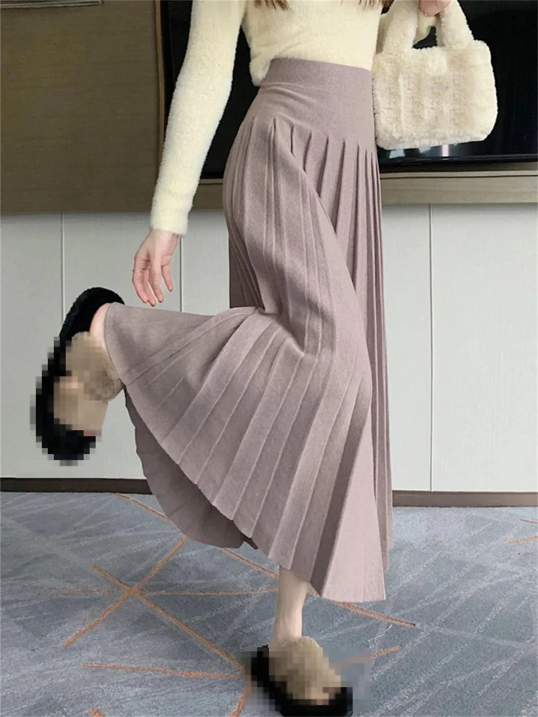 Knitted Long Skirt for Women Autumn Winter Solid A Line High Waist Pleated Warm Midi Skirt