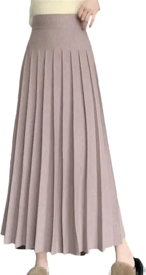 Knitted Long Skirt for Women Autumn Winter Solid A Line High Waist Pleated Warm Midi Skirt