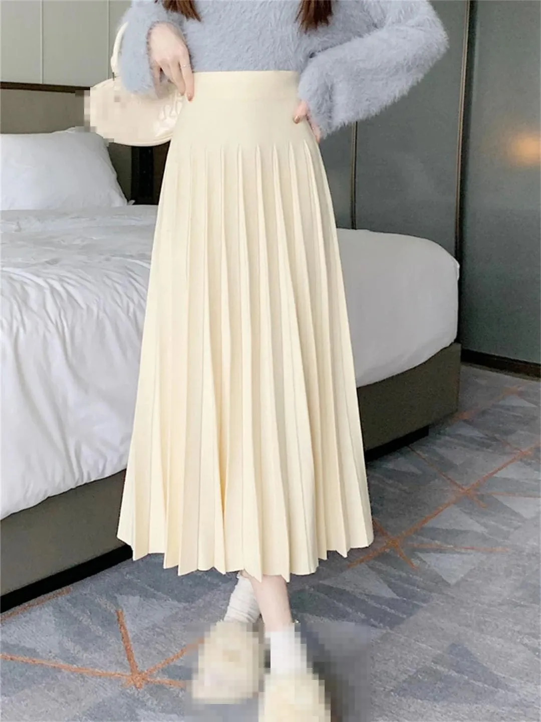 Knitted Long Skirt for Women Autumn Winter Solid A Line High Waist Pleated Warm Midi Skirt