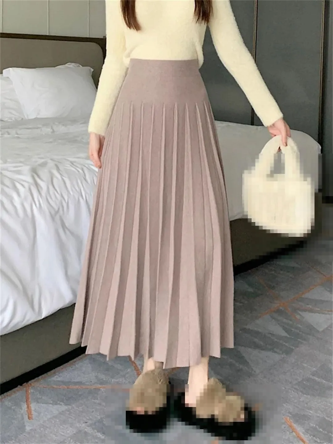 Knitted Long Skirt for Women Autumn Winter Solid A Line High Waist Pleated Warm Midi Skirt