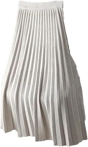 Knitted Wool Midi Skirt for Women High Waist Thickened Winter Pleated Warm A-Line Skirts