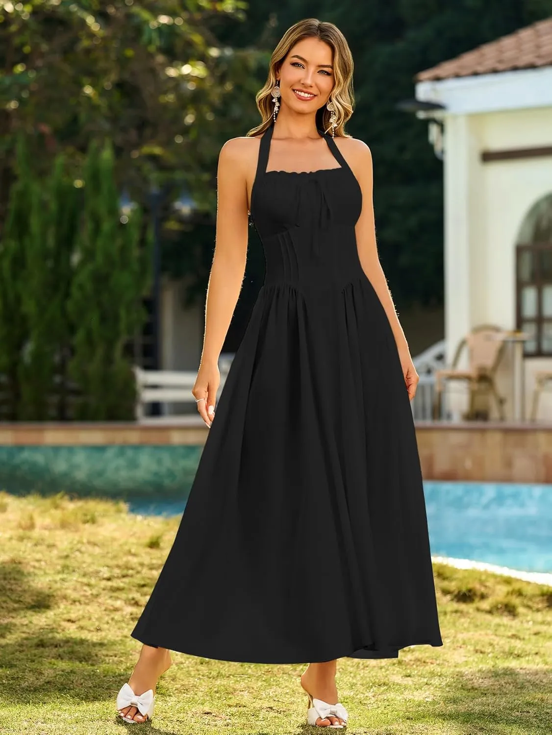 KUTUMAI Summer Floral Corset Midi Dress Halter Smocked Sundress Flowy A Line Beach Wedding Guest Dresses for Women 2025