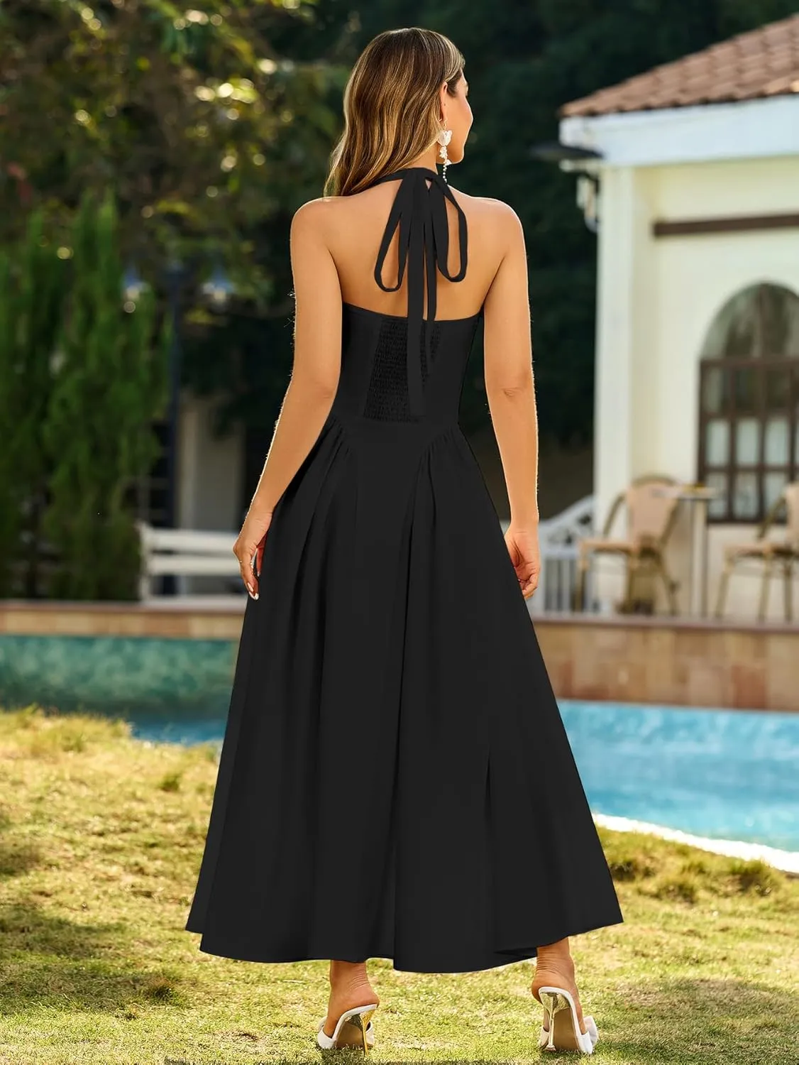 KUTUMAI Summer Floral Corset Midi Dress Halter Smocked Sundress Flowy A Line Beach Wedding Guest Dresses for Women 2025
