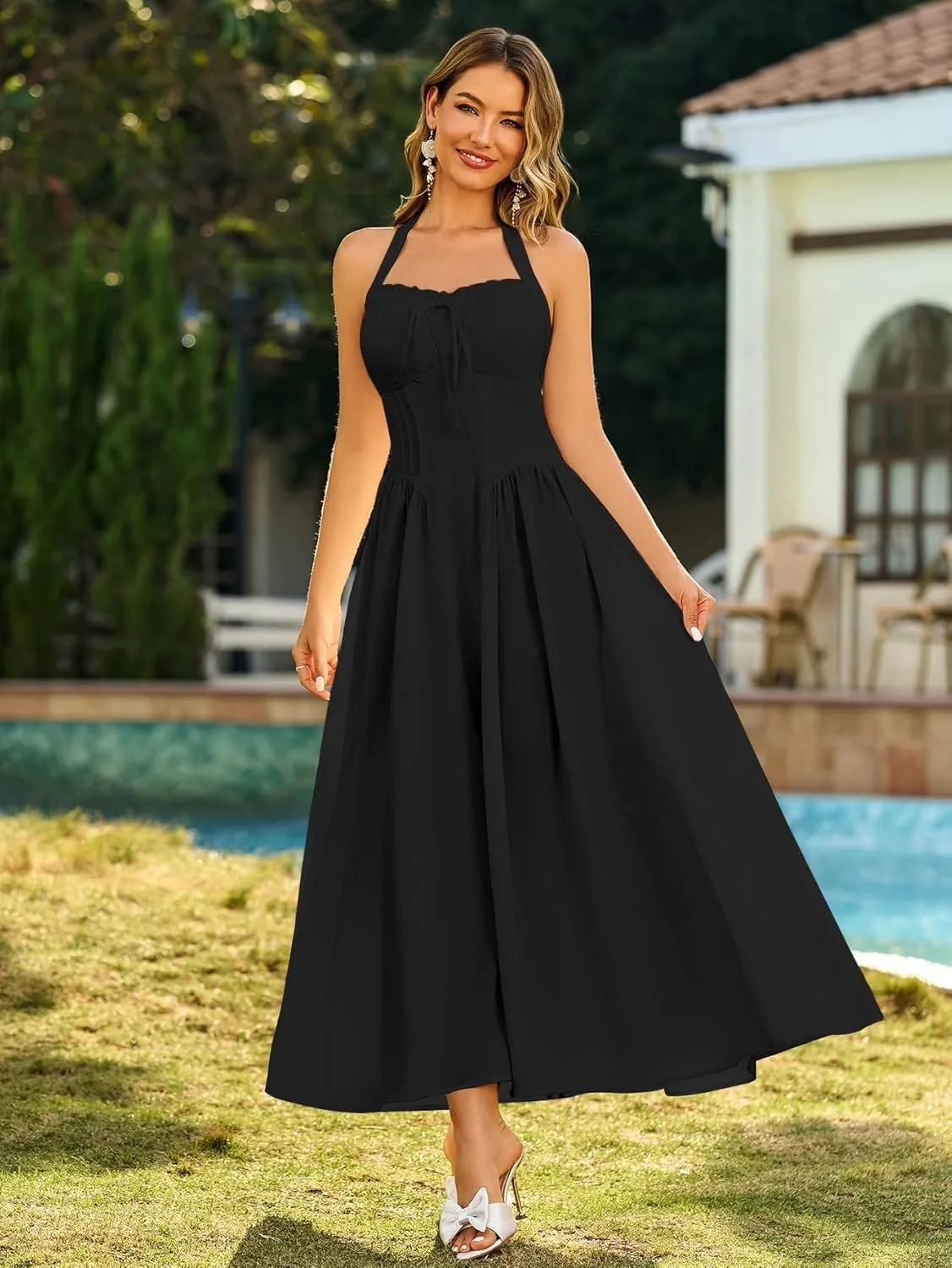 KUTUMAI Summer Floral Corset Midi Dress Halter Smocked Sundress Flowy A Line Beach Wedding Guest Dresses for Women 2025