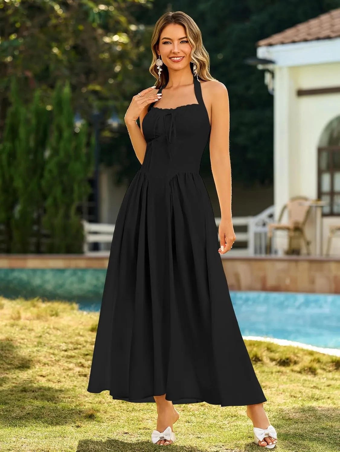 KUTUMAI Summer Floral Corset Midi Dress Halter Smocked Sundress Flowy A Line Beach Wedding Guest Dresses for Women 2025