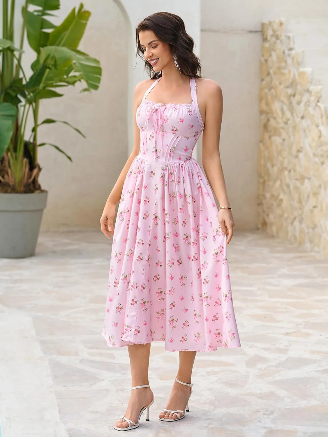 KUTUMAI Summer Floral Corset Midi Dress Halter Smocked Sundress Flowy A Line Beach Wedding Guest Dresses for Women 2025