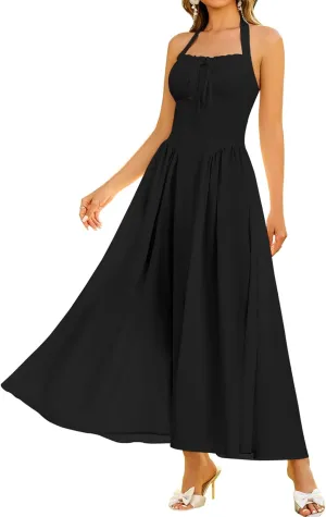 KUTUMAI Summer Floral Corset Midi Dress Halter Smocked Sundress Flowy A Line Beach Wedding Guest Dresses for Women 2025