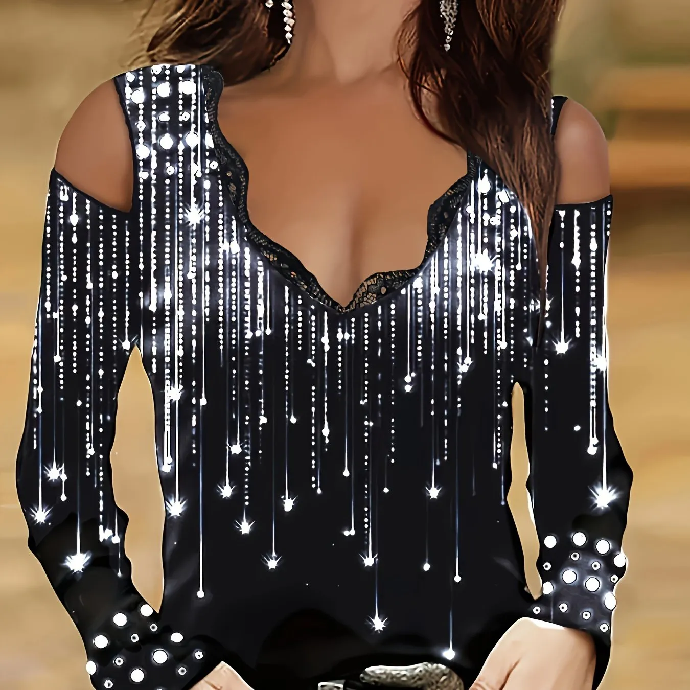 Lace Trim V-Neck T-shirt, Elegant Cold Shoulder Top for Spring & Fall.