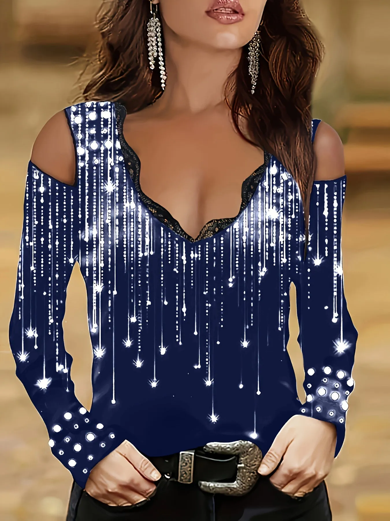 Lace Trim V-Neck T-shirt, Elegant Cold Shoulder Top for Spring & Fall.