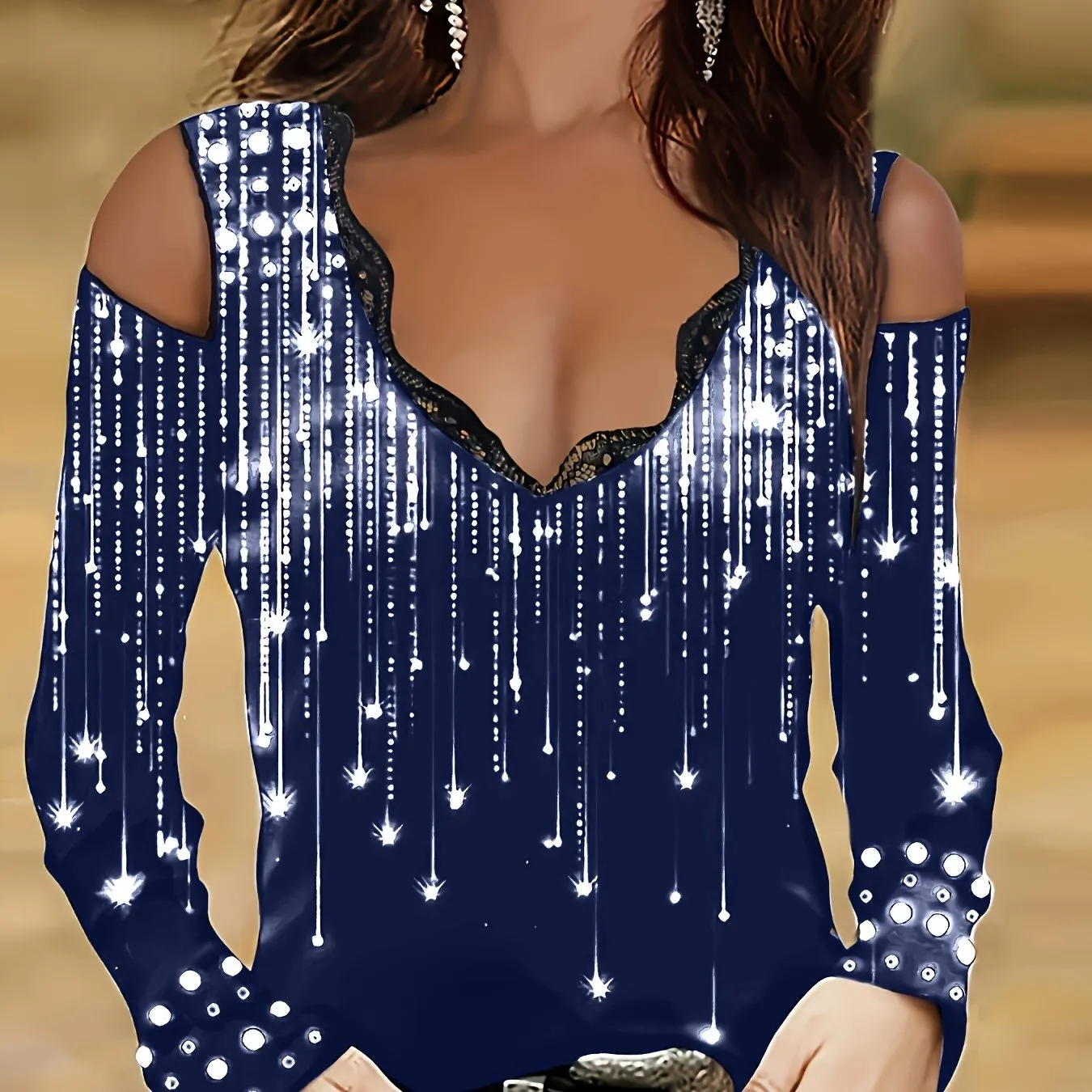Lace Trim V-Neck T-shirt, Elegant Cold Shoulder Top for Spring & Fall.