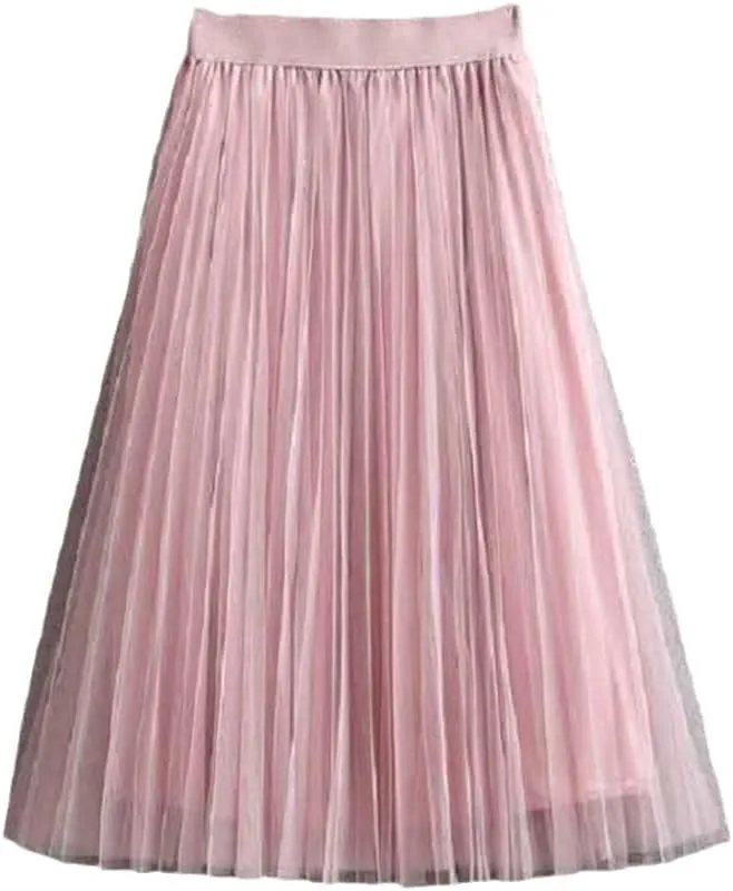 Ladies Vintage Summer Skirts, Womens Casual Elastic High Waist Skirts, Elegant Sexy Midi Pleated Mesh Tutu Skirt