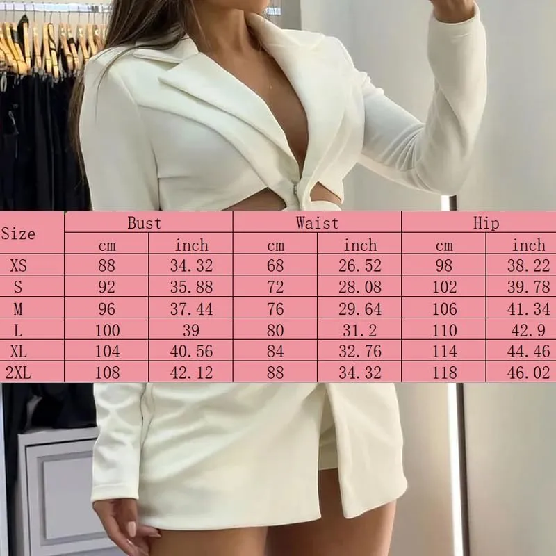 Lapel Hollow Suit Dress, Womens Summer Thin Long Sleeve Hollow Out Elegant Deep V-Neck A-line Sexy Mini Blazer Dress