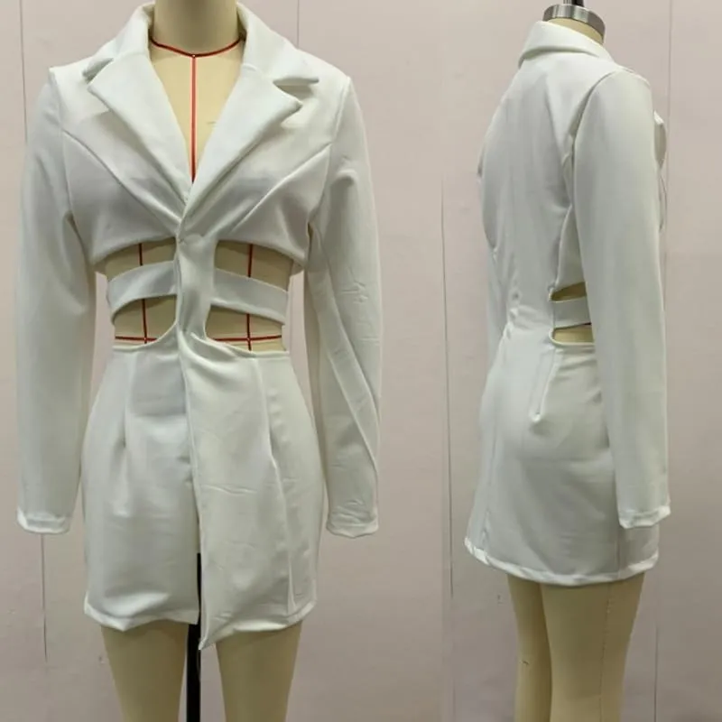 Lapel Hollow Suit Dress, Womens Summer Thin Long Sleeve Hollow Out Elegant Deep V-Neck A-line Sexy Mini Blazer Dress