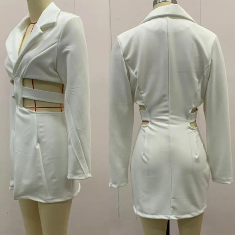 Lapel Hollow Suit Dress, Womens Summer Thin Long Sleeve Hollow Out Elegant Deep V-Neck A-line Sexy Mini Blazer Dress
