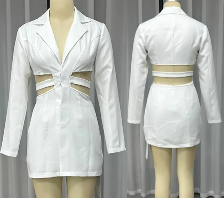 Lapel Hollow Suit Dress, Womens Summer Thin Long Sleeve Hollow Out Elegant Deep V-Neck A-line Sexy Mini Blazer Dress