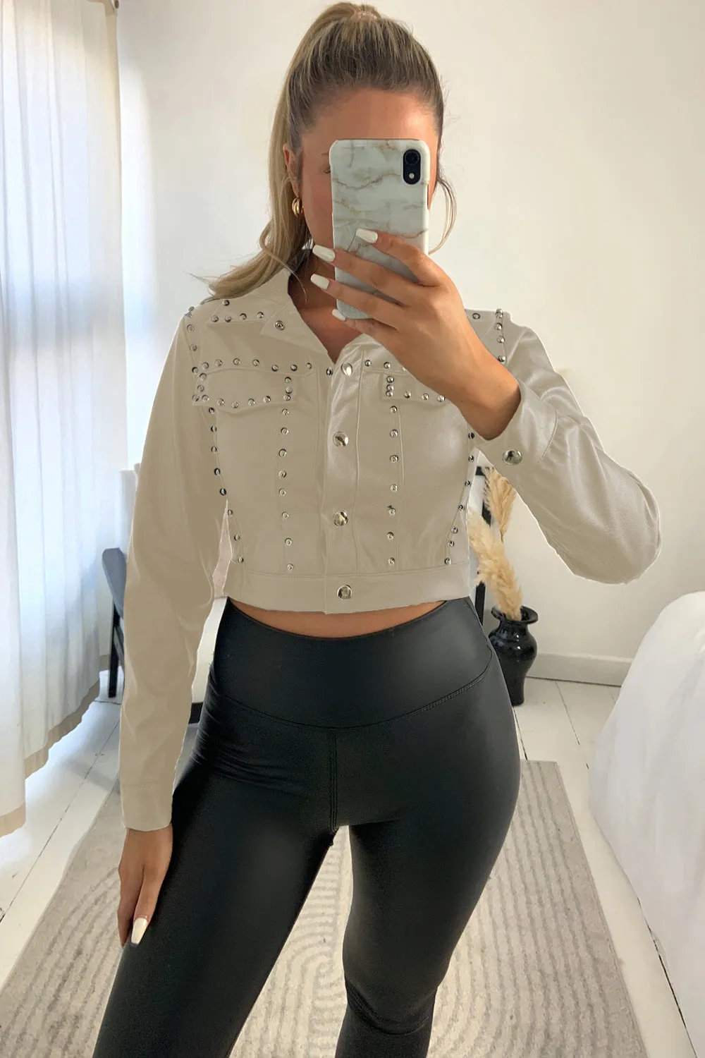 Leonie Beige PU Faux Leather Studded Cropped Jacket