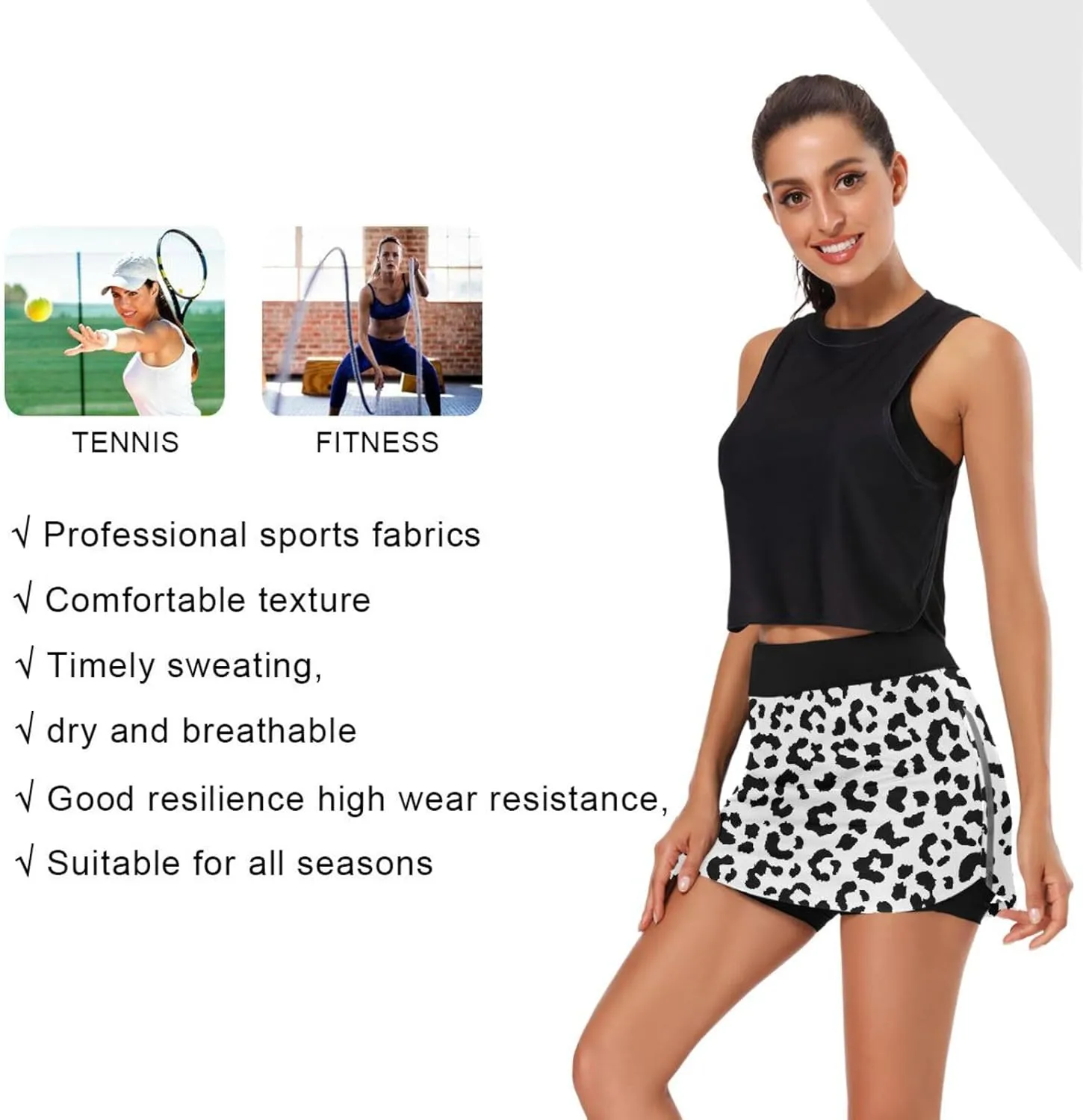 Leopard Print Black White Athletic Tennis Golf Skorts Skirts for Women Workout Running Sports Skirts S