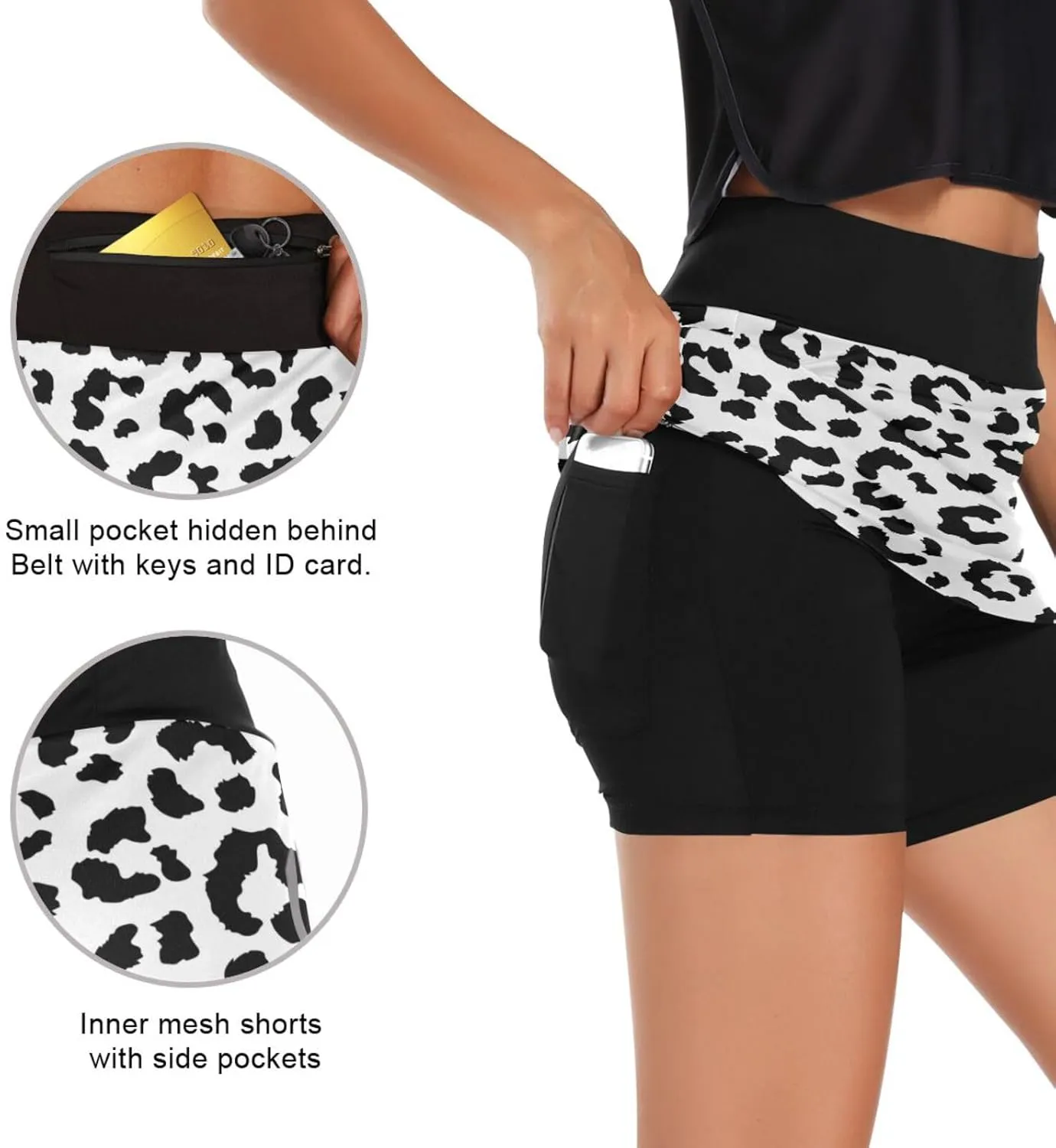 Leopard Print Black White Athletic Tennis Golf Skorts Skirts for Women Workout Running Sports Skirts S