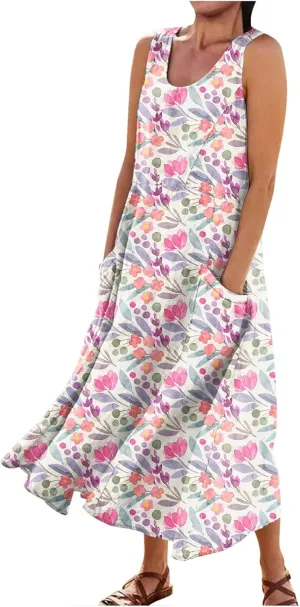 Linen Dress for Women 2024 Summer Flowy Tank Dress Printed Sleeveless Long Dress Casual Maxi Dresses with Pockets