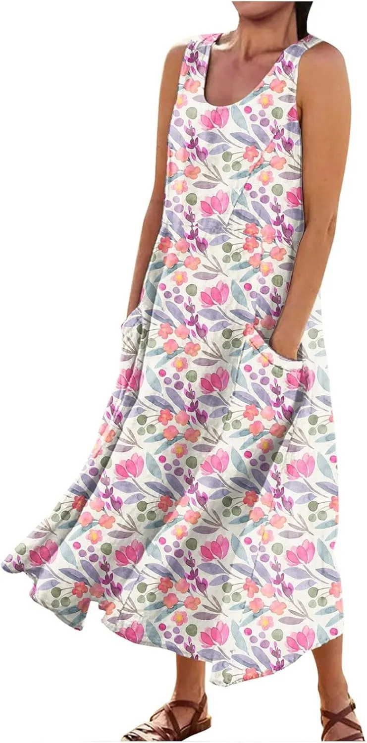 Linen Dress for Women 2024 Summer Flowy Tank Dress Printed Sleeveless Long Dress Casual Maxi Dresses with Pockets