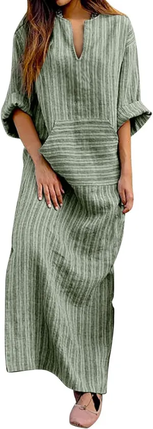 Linen Dresses for Women Loose Casual Plus Size Long Sleeve Printed Maxi Dresses Ankle Length Dresses with Pockets