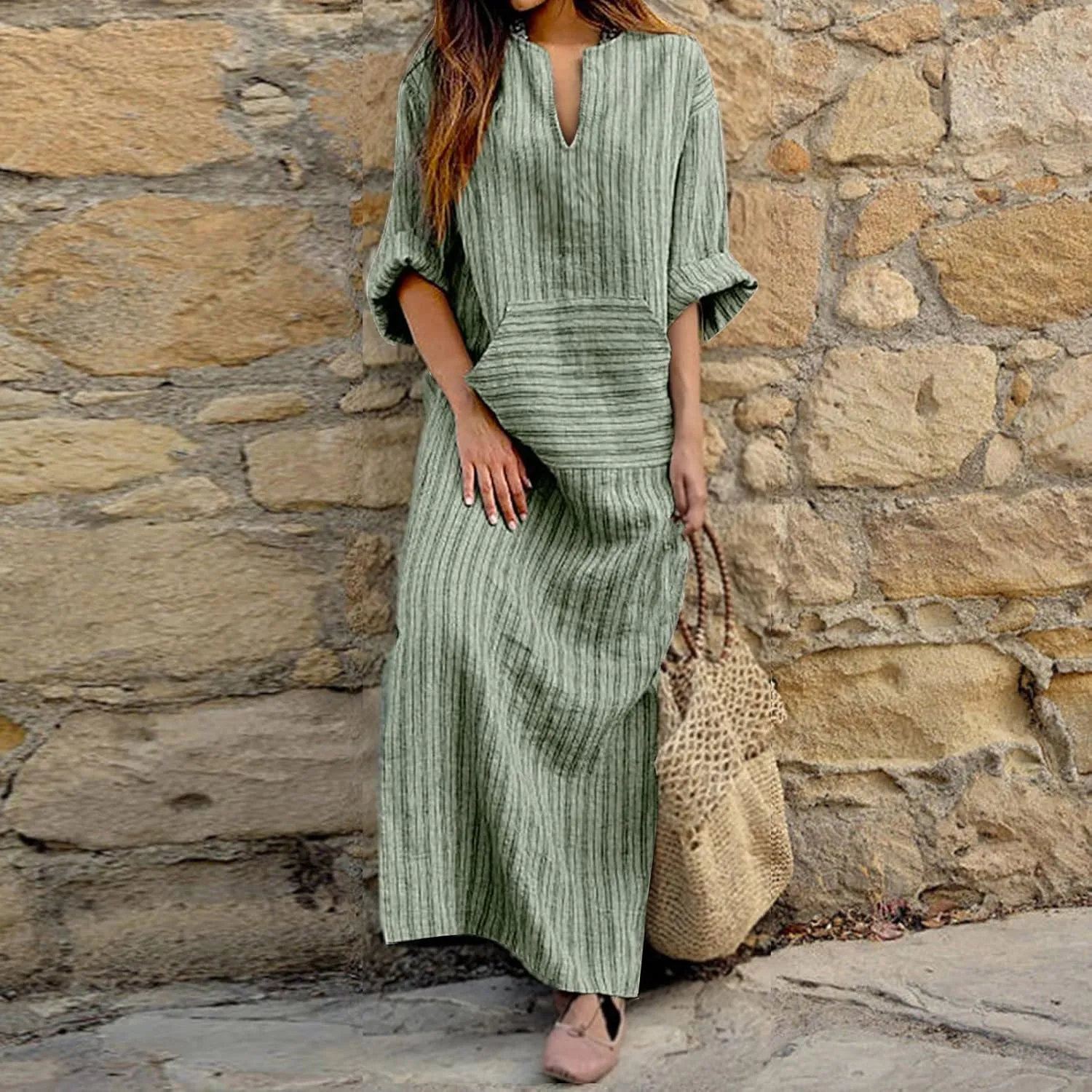 Linen Dresses for Women Loose Casual Plus Size Long Sleeve Printed Maxi Dresses Ankle Length Dresses with Pockets