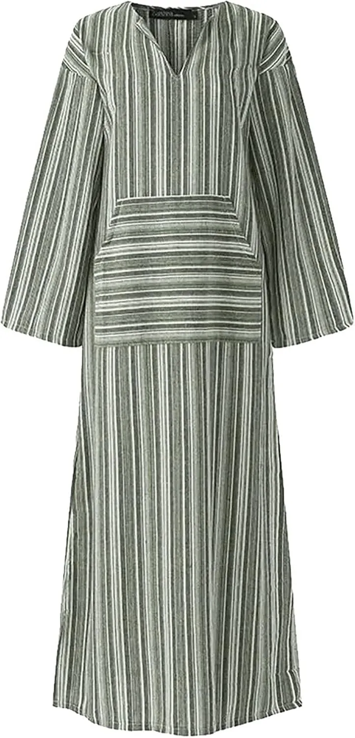 Linen Dresses for Women Loose Casual Plus Size Long Sleeve Printed Maxi Dresses Ankle Length Dresses with Pockets