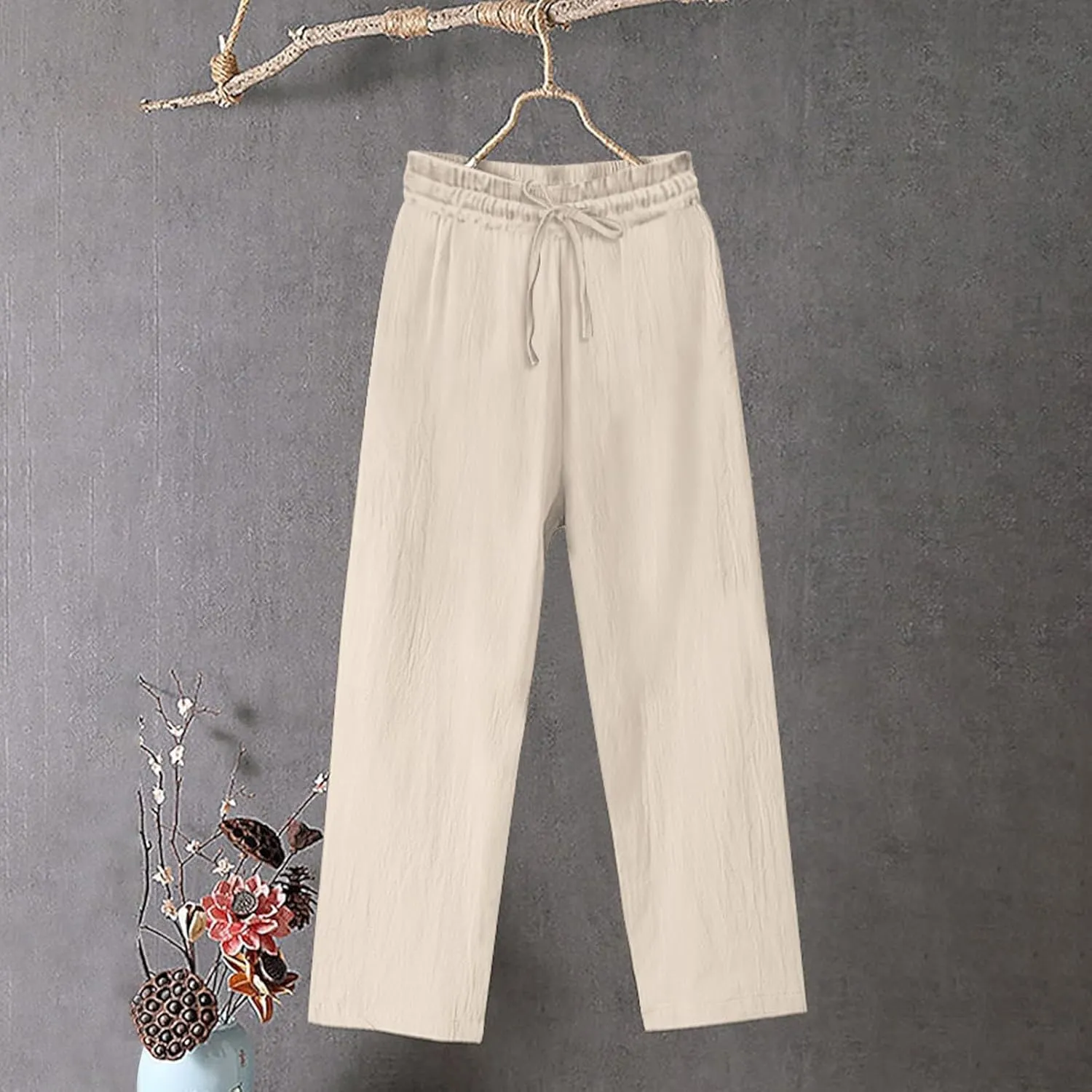 Linen Pants for Women Baggy 2025 Plus Size Straight Leg Pants Wide Leg Solid Palazzo Trousers Beach Travel Outfits
