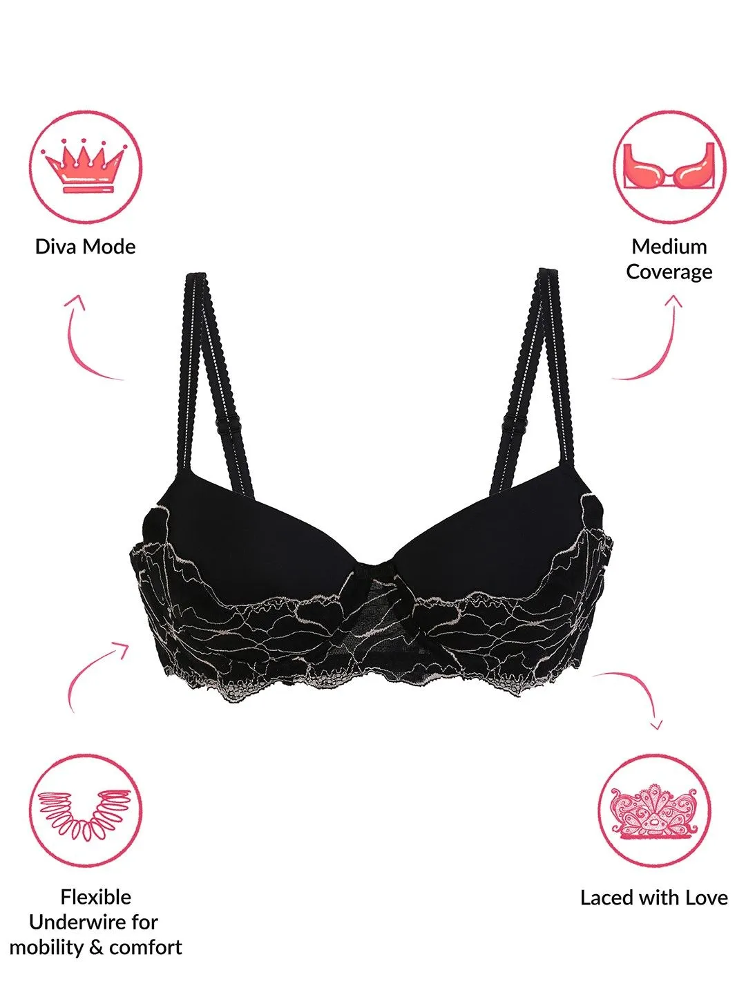 Lola & Mae The Parisian Cut Padded Wired Lacy Bra-LMB1039-Black