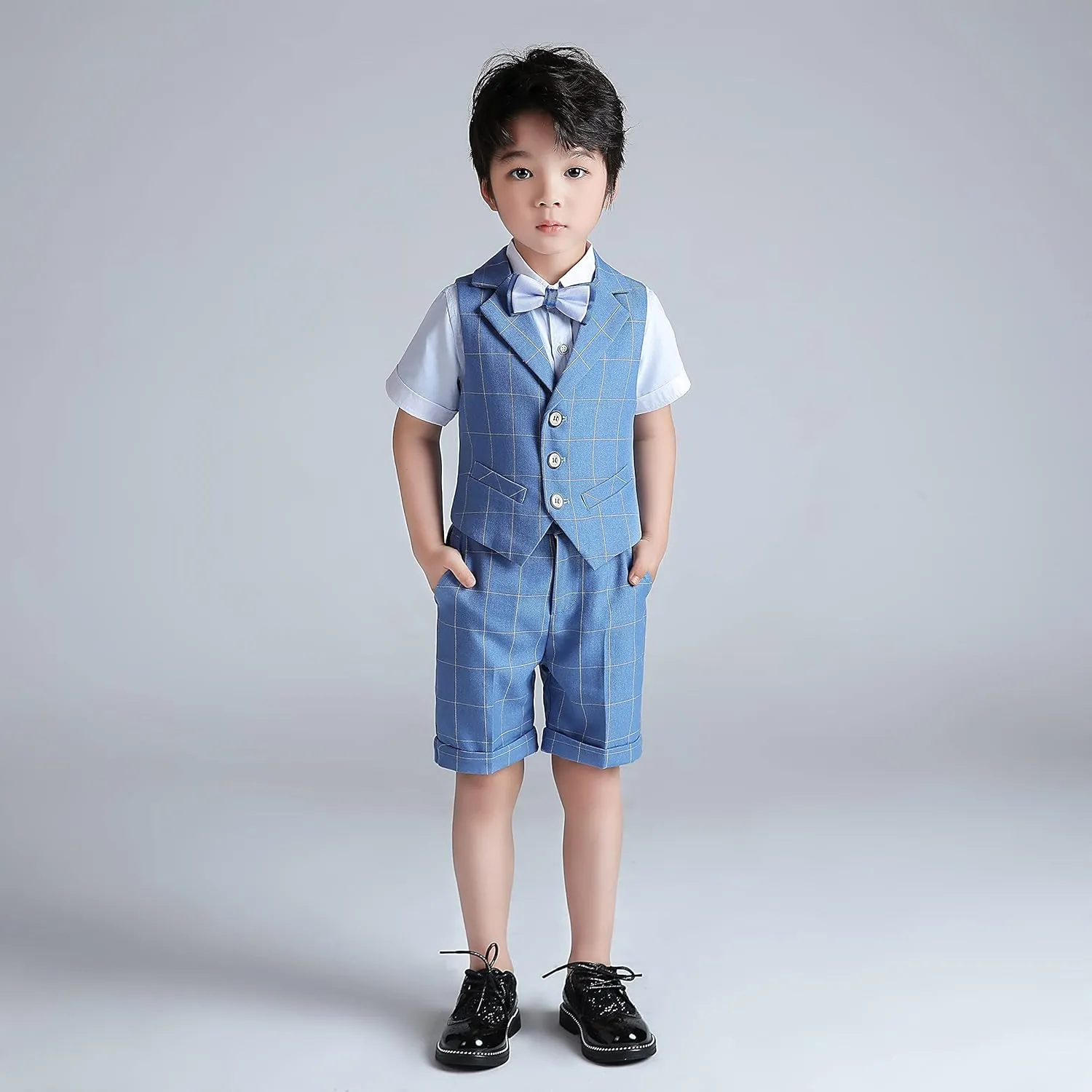 LOLANTA Boys Vest Tuxedo Suit Wedding Ring Bearer Outfits 4PCs Dress Clothes Vest Shirt Shorts Bow Tie