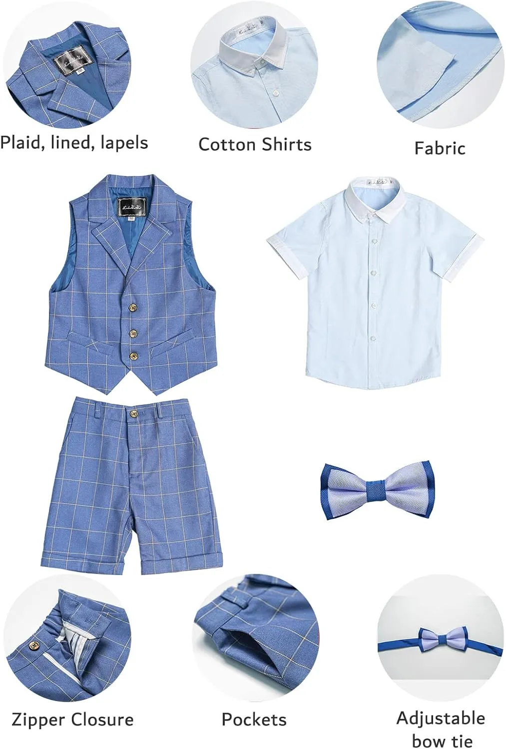LOLANTA Boys Vest Tuxedo Suit Wedding Ring Bearer Outfits 4PCs Dress Clothes Vest Shirt Shorts Bow Tie