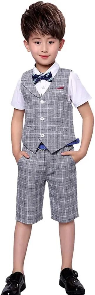 LOLANTA Boys Vest Tuxedo Suit Wedding Ring Bearer Outfits 4PCs Dress Clothes Vest Shirt Shorts Bow Tie