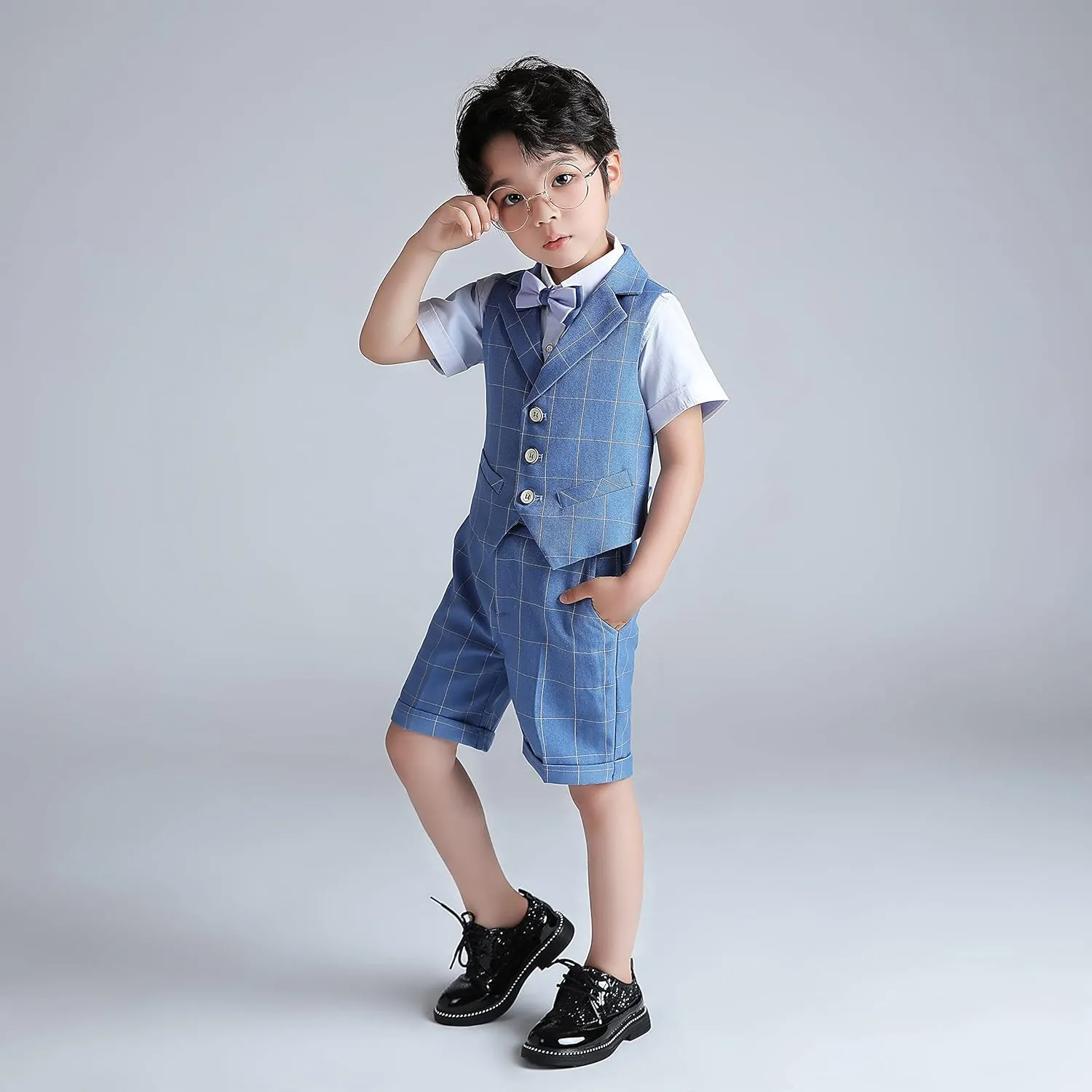 LOLANTA Boys Vest Tuxedo Suit Wedding Ring Bearer Outfits 4PCs Dress Clothes Vest Shirt Shorts Bow Tie