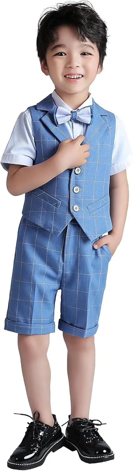 LOLANTA Boys Vest Tuxedo Suit Wedding Ring Bearer Outfits 4PCs Dress Clothes Vest Shirt Shorts Bow Tie