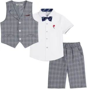LOLANTA Boys Vest Tuxedo Suit Wedding Ring Bearer Outfits 4PCs Dress Clothes Vest Shirt Shorts Bow Tie