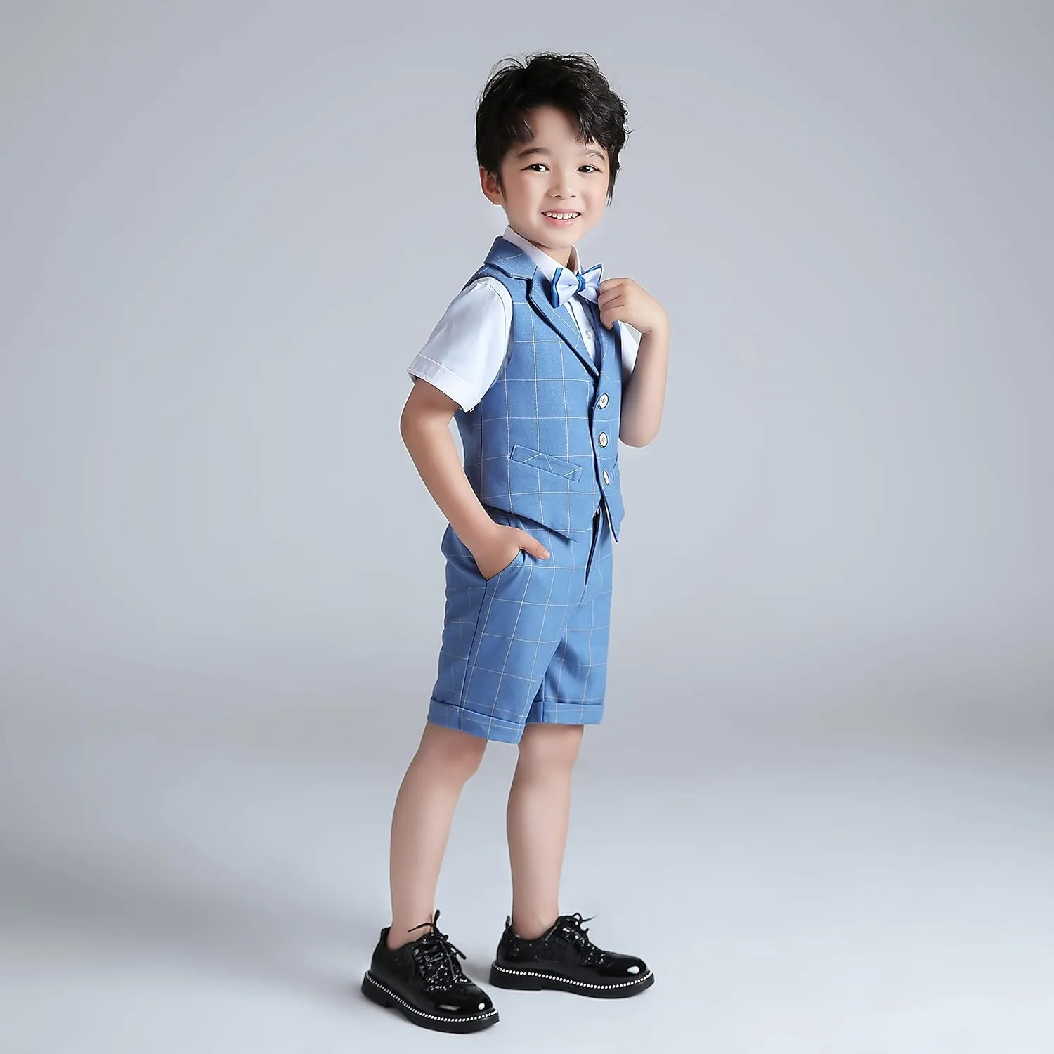 LOLANTA Boys Vest Tuxedo Suit Wedding Ring Bearer Outfits 4PCs Dress Clothes Vest Shirt Shorts Bow Tie