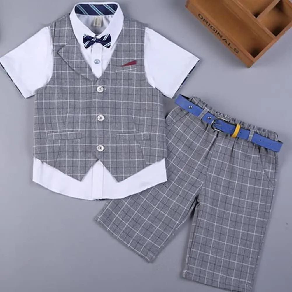 LOLANTA Boys Vest Tuxedo Suit Wedding Ring Bearer Outfits 4PCs Dress Clothes Vest Shirt Shorts Bow Tie