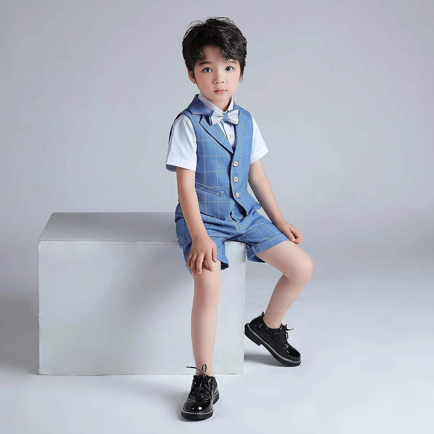 LOLANTA Boys Vest Tuxedo Suit Wedding Ring Bearer Outfits 4PCs Dress Clothes Vest Shirt Shorts Bow Tie