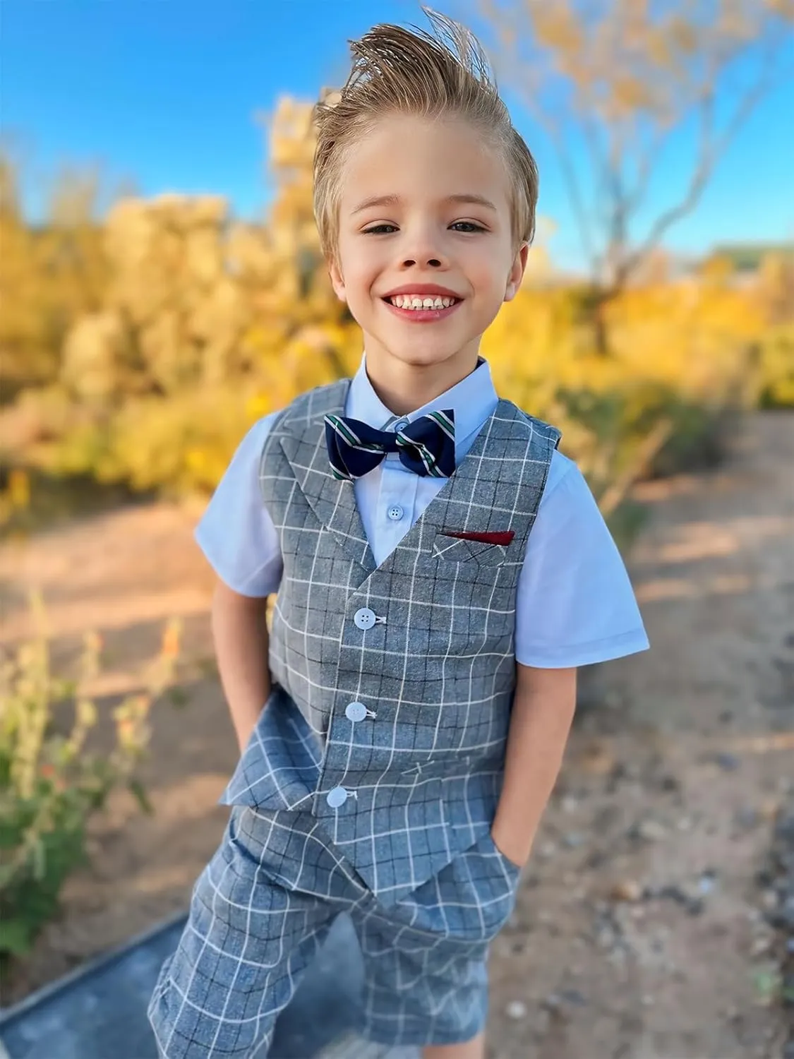 LOLANTA Boys Vest Tuxedo Suit Wedding Ring Bearer Outfits 4PCs Dress Clothes Vest Shirt Shorts Bow Tie