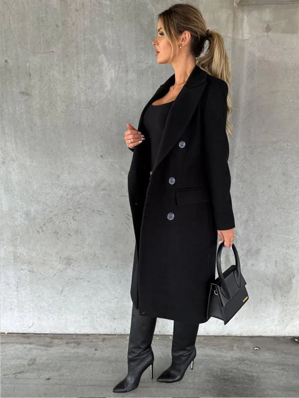 Long-sleeved Double-breasted Pockets - Mid-length elegant Solid Colour