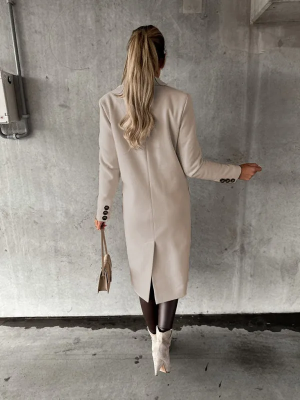 Long-sleeved Double-breasted Pockets - Mid-length elegant Solid Colour
