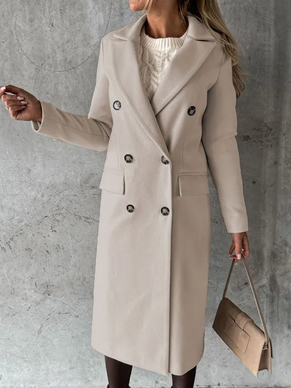 Long-sleeved Double-breasted Pockets - Mid-length elegant Solid Colour