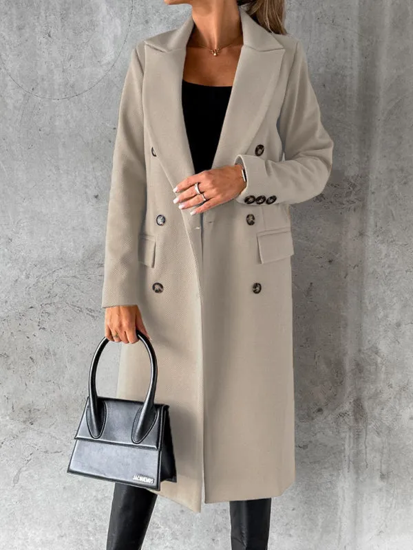 Long-sleeved Double-breasted Pockets - Mid-length elegant Solid Colour