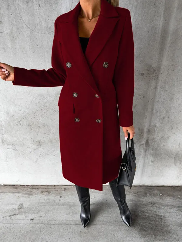 Long-sleeved Double-breasted Pockets - Mid-length elegant Solid Colour
