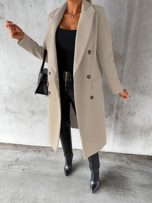 Long-sleeved Double-breasted Pockets - Mid-length elegant Solid Colour