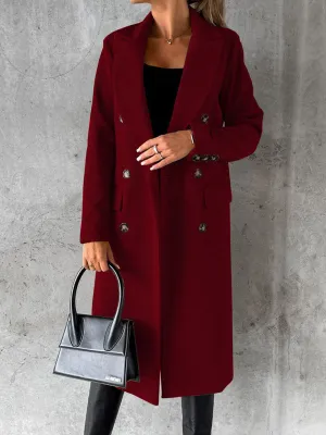 Long-sleeved Double-breasted Pockets - Mid-length elegant Solid Colour