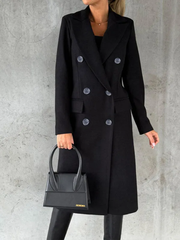 Long-sleeved Double-breasted Pockets - Mid-length elegant Solid Colour
